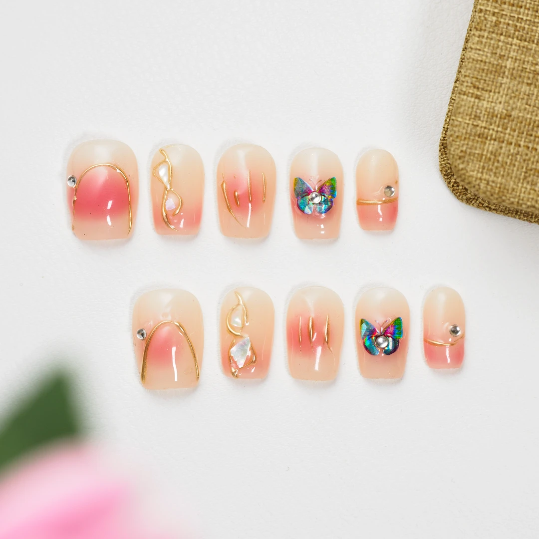 灵动猫眼法式贝壳石纯手工穿戴甲气质显白温柔感美甲夏季粉色夏日