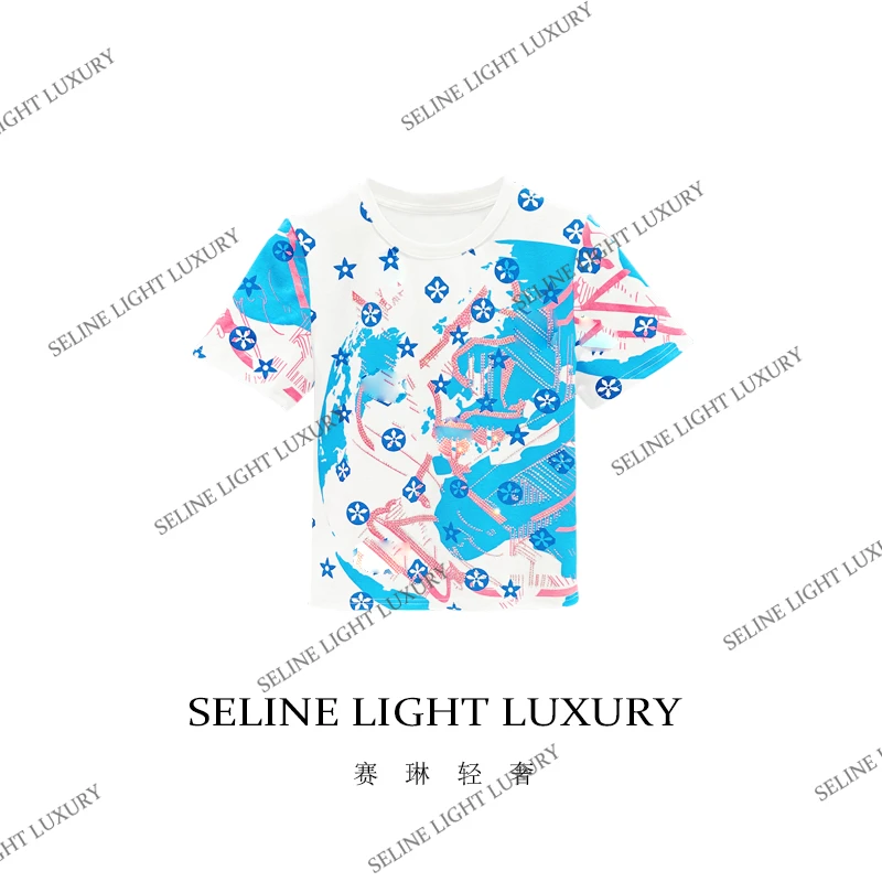 【25C-085】2025 SELINE 原创泼墨风印花时尚轻奢百搭圆领短袖T恤