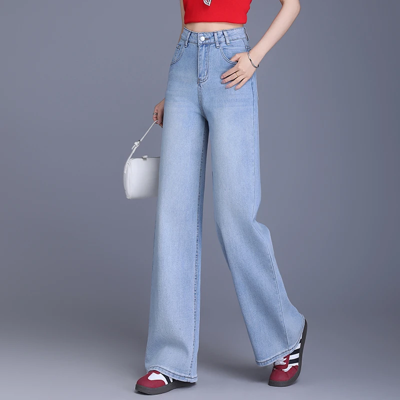 正品高端女裤2025春夏季薄款高腰牛仔裤浅蓝宽松垂感窄版阔腿裤子