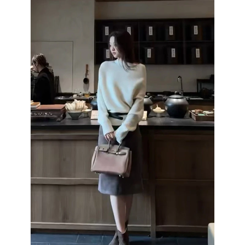 慵懒风通勤百搭半高领长袖针织衫女冬高腰休闲半身裙两件套26527