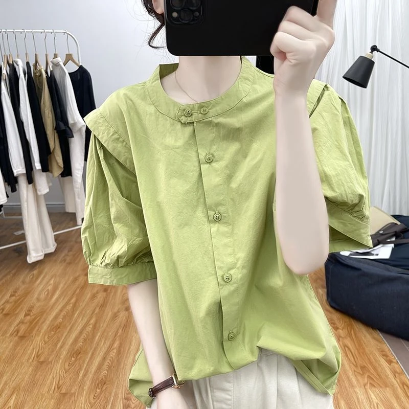 夏装港风纯棉灯笼袖短袖衬衫女式设计感减龄上衣2024新款圆领衬衣