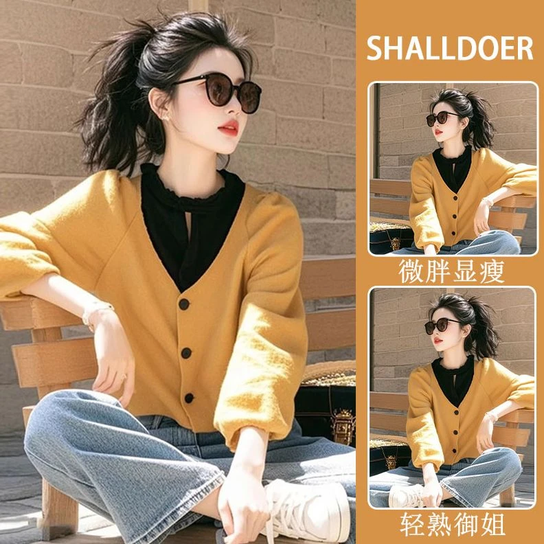 今年流行2025爆款漂亮小衫洋气减龄超好看姜黄色拼接假两件上衣女