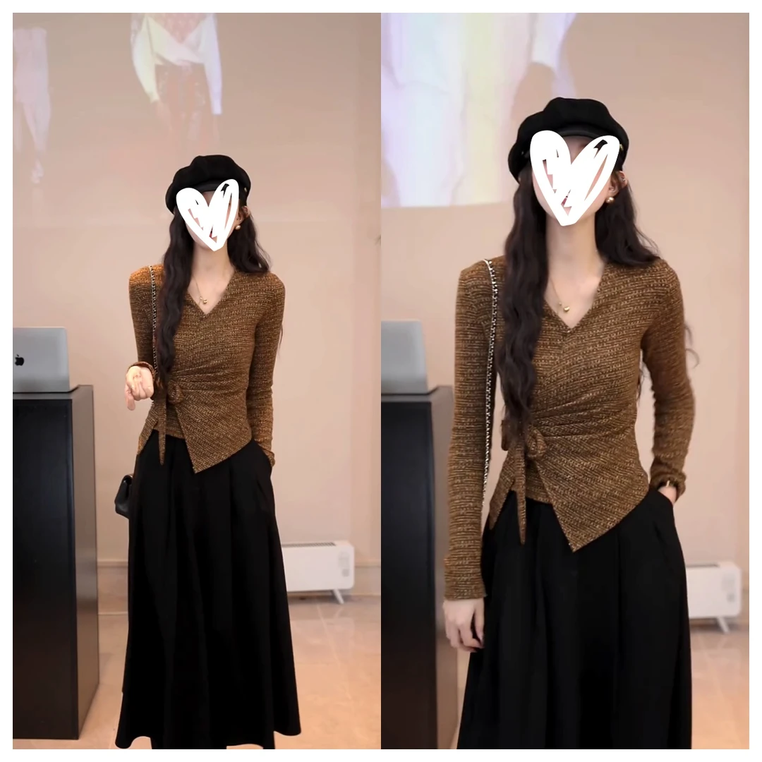 【长风和煦】千金风蝴蝶结绑带交叉V领T恤女C6508
