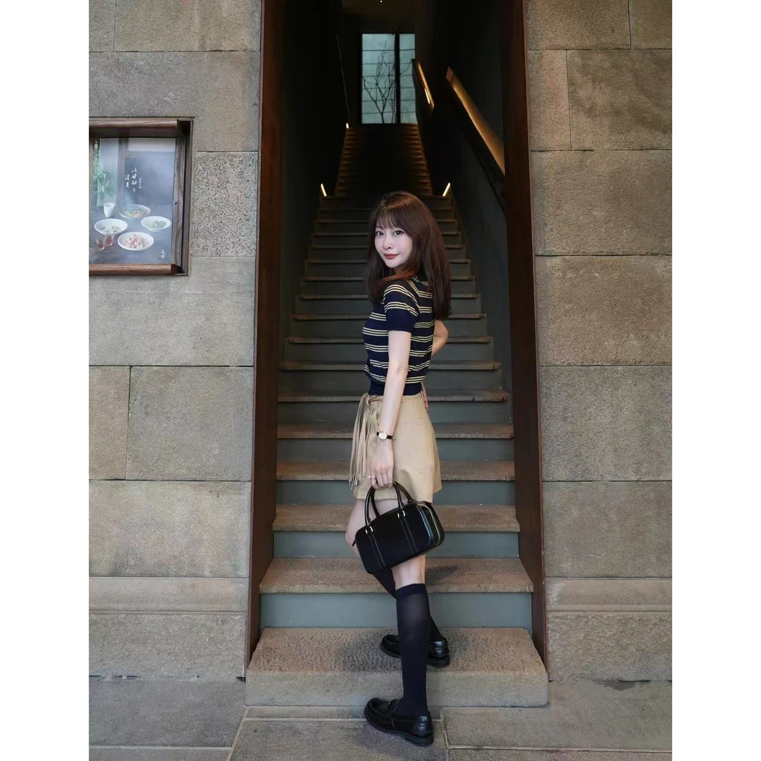 2025夏季新款韩版气质polo领短袖条纹上衣女百搭显瘦工装半裙套装