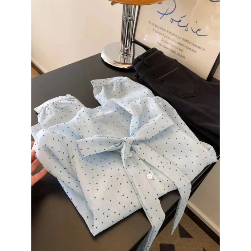 韩里韩气波点蓝色甜美衬衫春秋衬衣春季少女风蝴蝶结长袖上衣