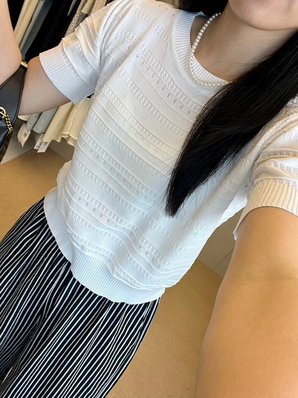 圆领正肩小针织薄款短袖