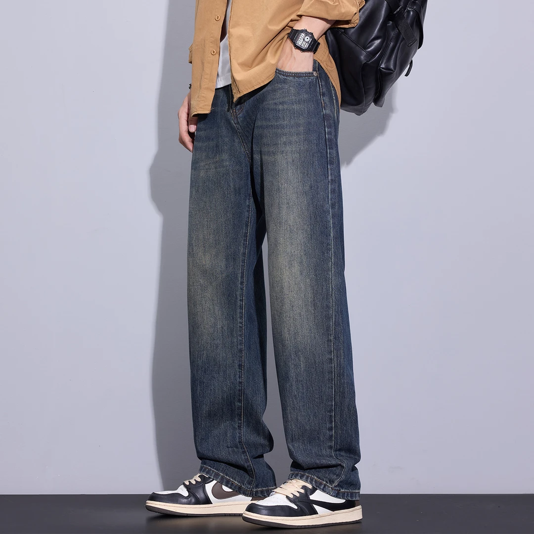 Kuvine2025秋季潮流复古做旧cleanfit宽松直筒阔腿百搭牛仔裤男款