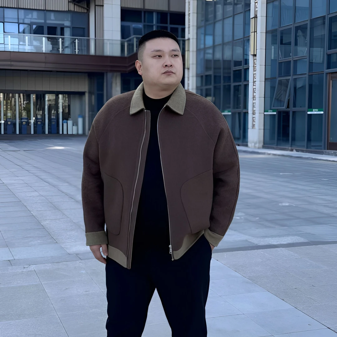 【展翔】秋冬大码男士保暖羊毛夹克外套加肥加大码翻领双面呢上衣