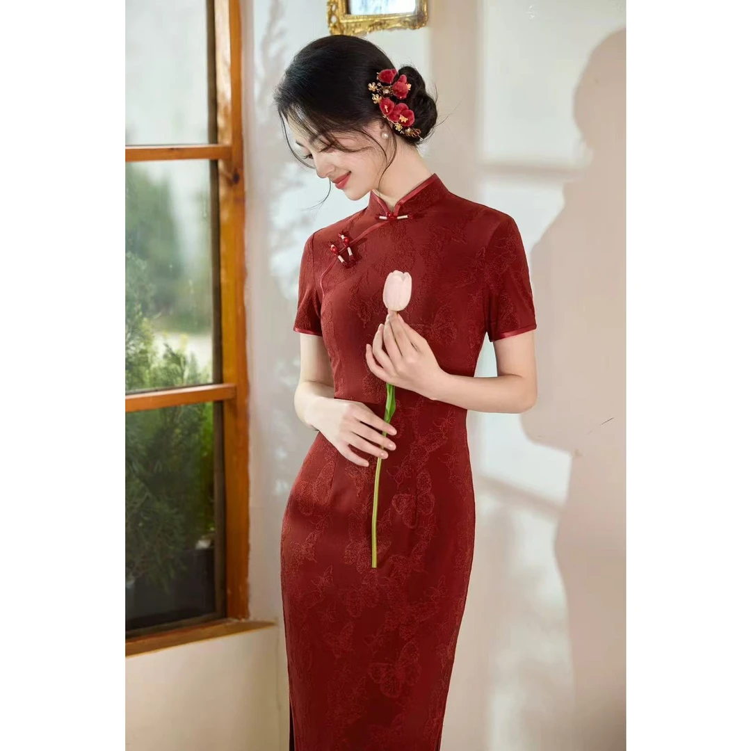 红色提花旗袍连衣裙气质修身显瘦优雅中国风中式新娘酒红色