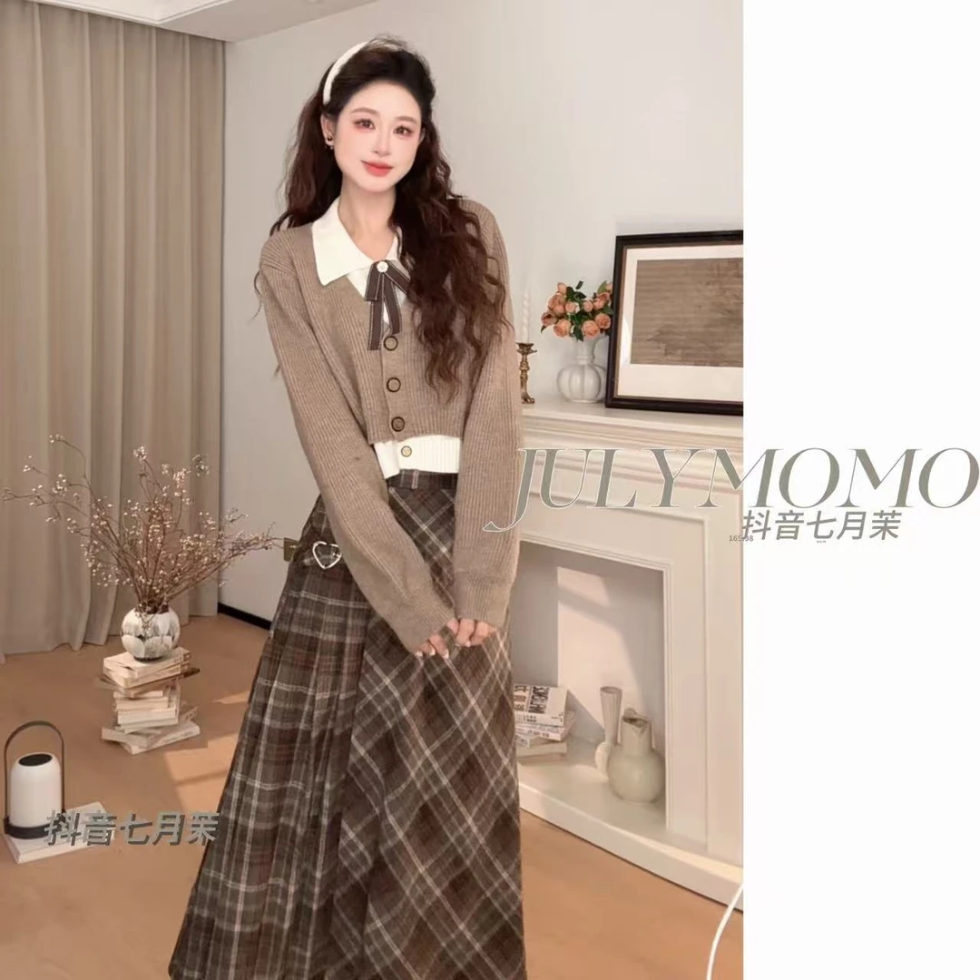 假两件毛衣外套女秋冬polo领针织开衫美拉德穿搭套装裙8801