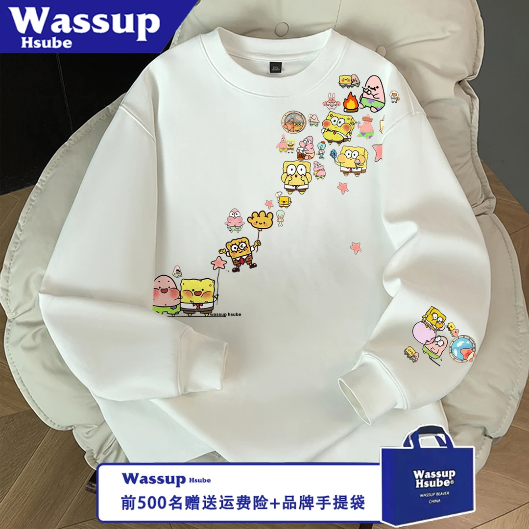 WASSUP HSUBE百搭美式休闲宽松海绵海星长袖圆领秋冬印花情侣上衣