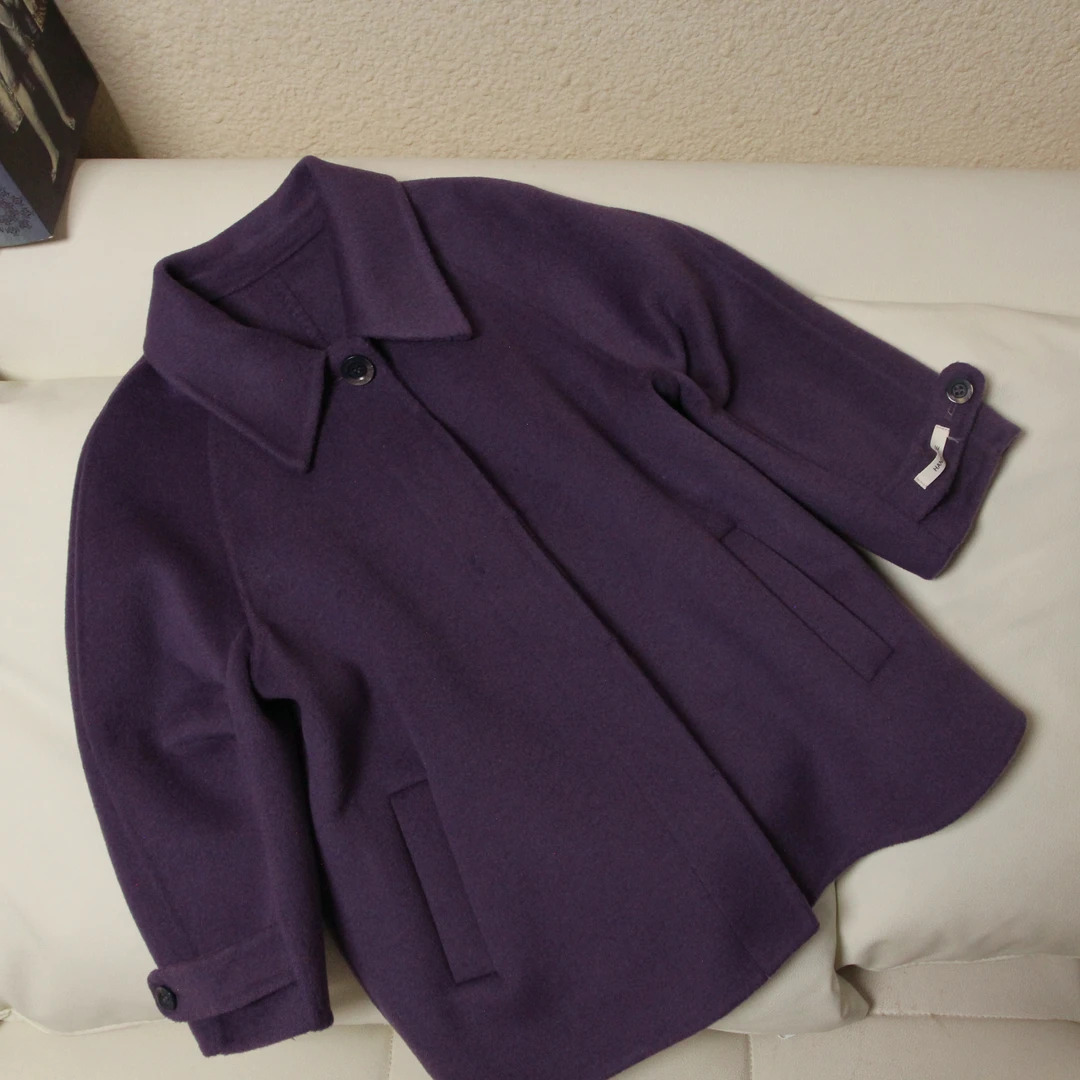 小方领双门襟袖子捏裥韩版童装绵羊毛大衣深紫色