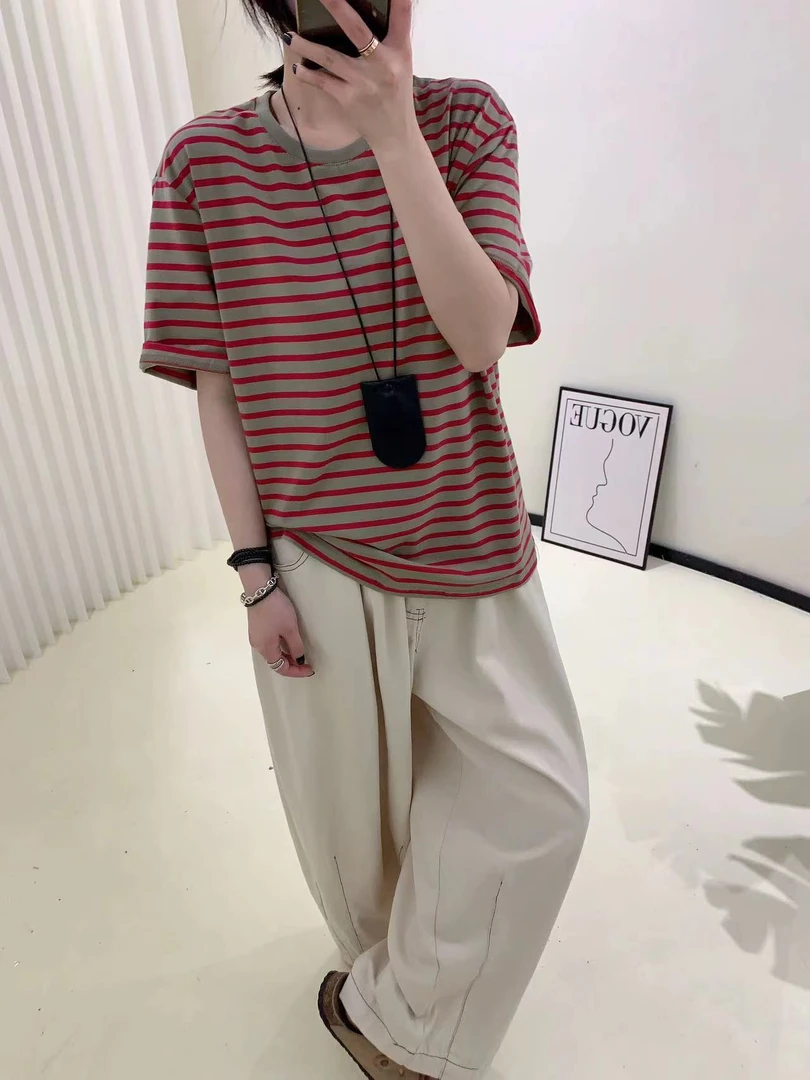 2025新款韩代同款超舒服撞色条纹短袖T恤宽松百搭显瘦打底上衣女