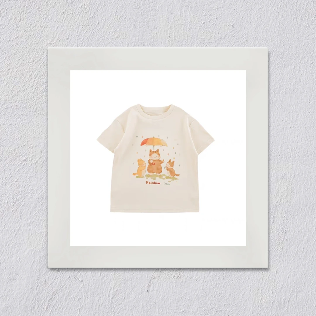 J229女童L·H·NIAO2025新款夏季洋气元气可爱米色三只小猫T恤