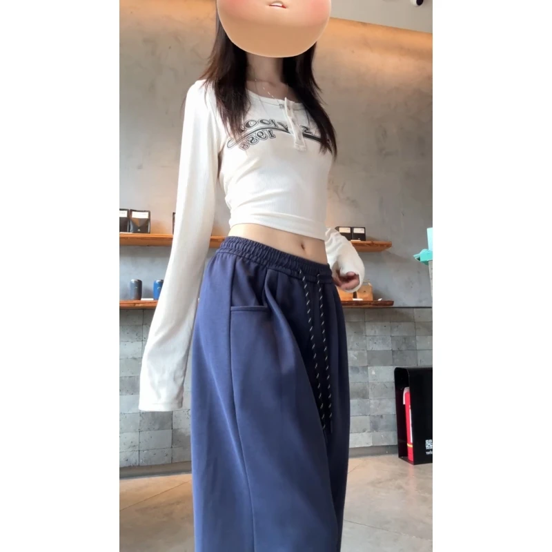 藏青色运动裤女春秋款2025新款宽松阔腿lulu神裤高腰显瘦休闲卫裤
