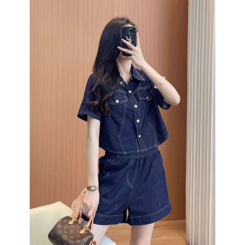 牛仔减龄套装女夏季2025新款短袖短裤小个子高级感阔腿裤两件套潮