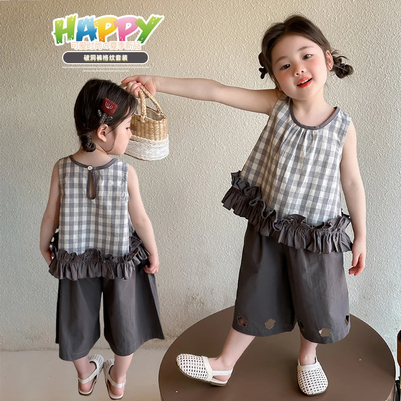 女纯色夏季格子森系套头休闲套装时髦薄款上衣格纹破洞裤夏装