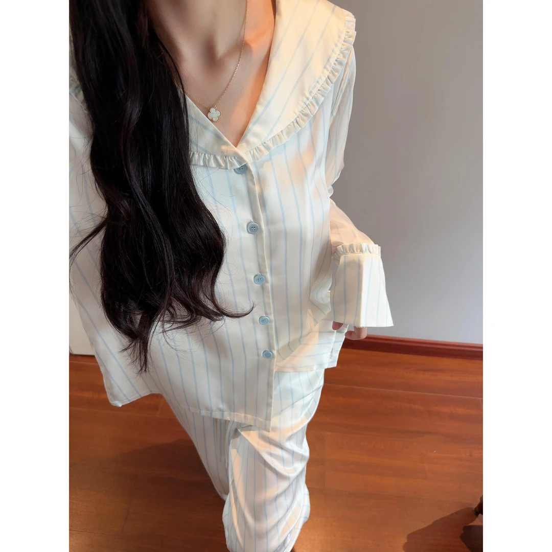 韩版可爱甜美花边条纹冰丝睡衣女秋季新款大码长袖长裤家居服套装