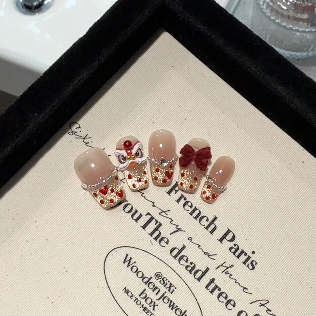 【心悦醒狮】高级法式手工穿戴甲新年显白立体设计手绘美甲