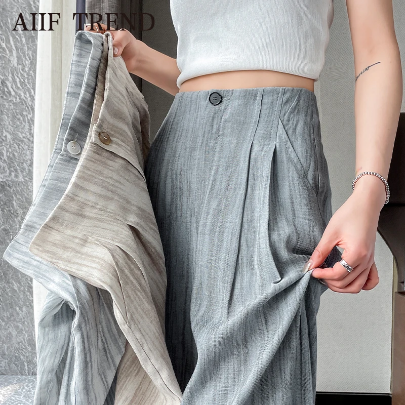 扎染亚麻阔腿裤女夏薄款2025新款小个子高腰垂感蓝色天丝山本西装