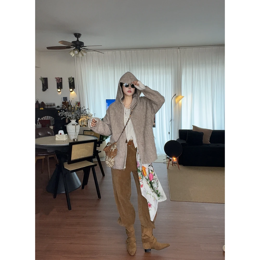 秋冬韩系慵懒松弛感宽松复古法式高级拉毛软糯保暖针织开衫外套