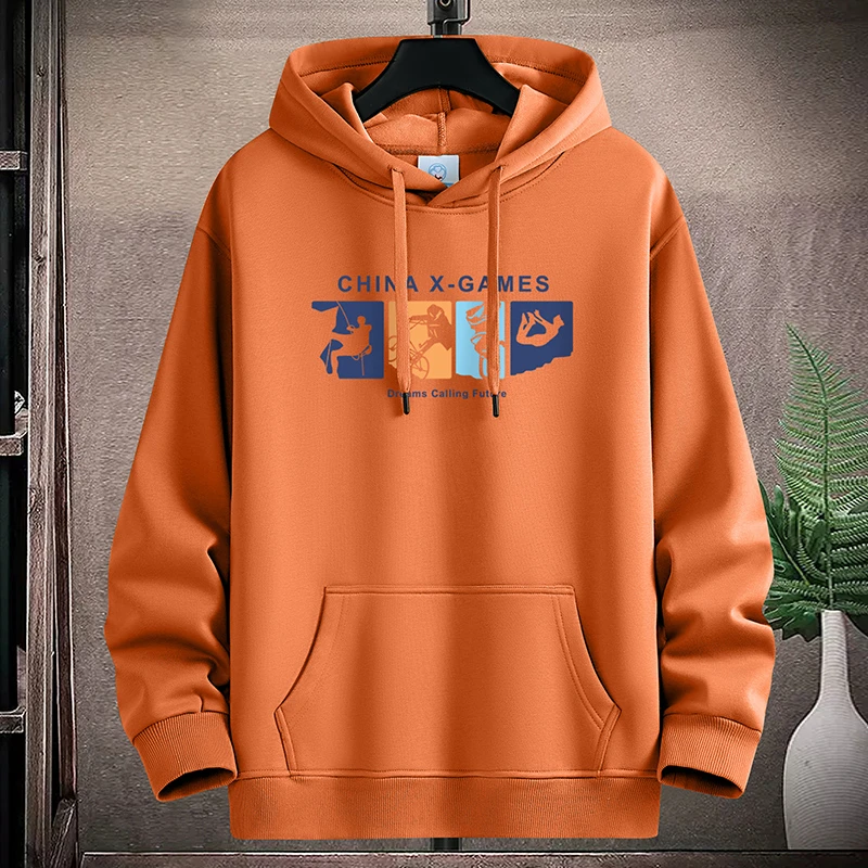 青少年卫衣男连帽秋冬加绒加厚橙色保暖宽松上衣大码学生情侣帽衫