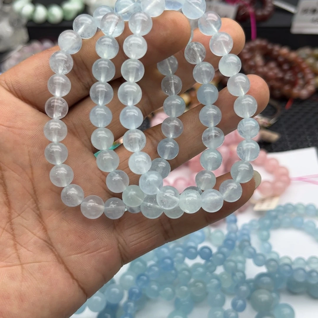 银S925镶嵌项圈水晶纯净体海蓝宝手串，卡8mm