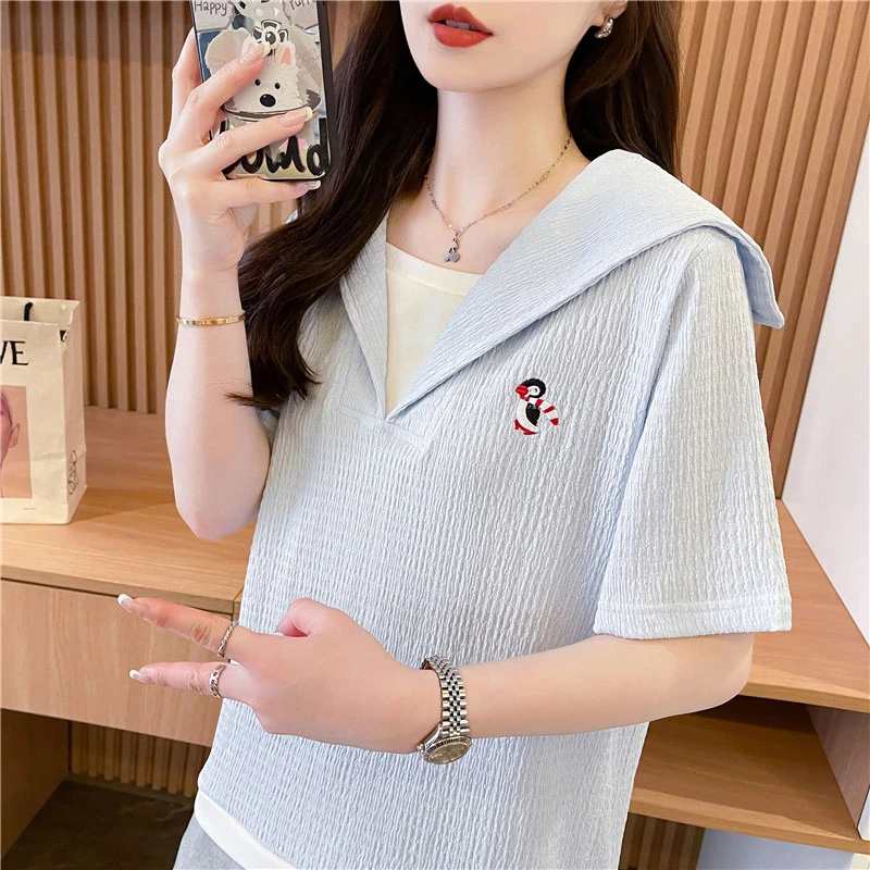 设计感刺绣海军领短袖t恤女夏季韩版学生宽松遮肚短款假两件上衣