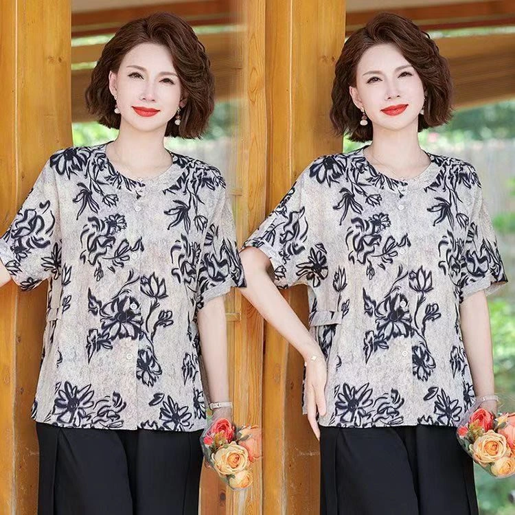 妈妈夏装衬衫休闲套装2025新款中老年人女装夏季衣服洋气薄款上衣
