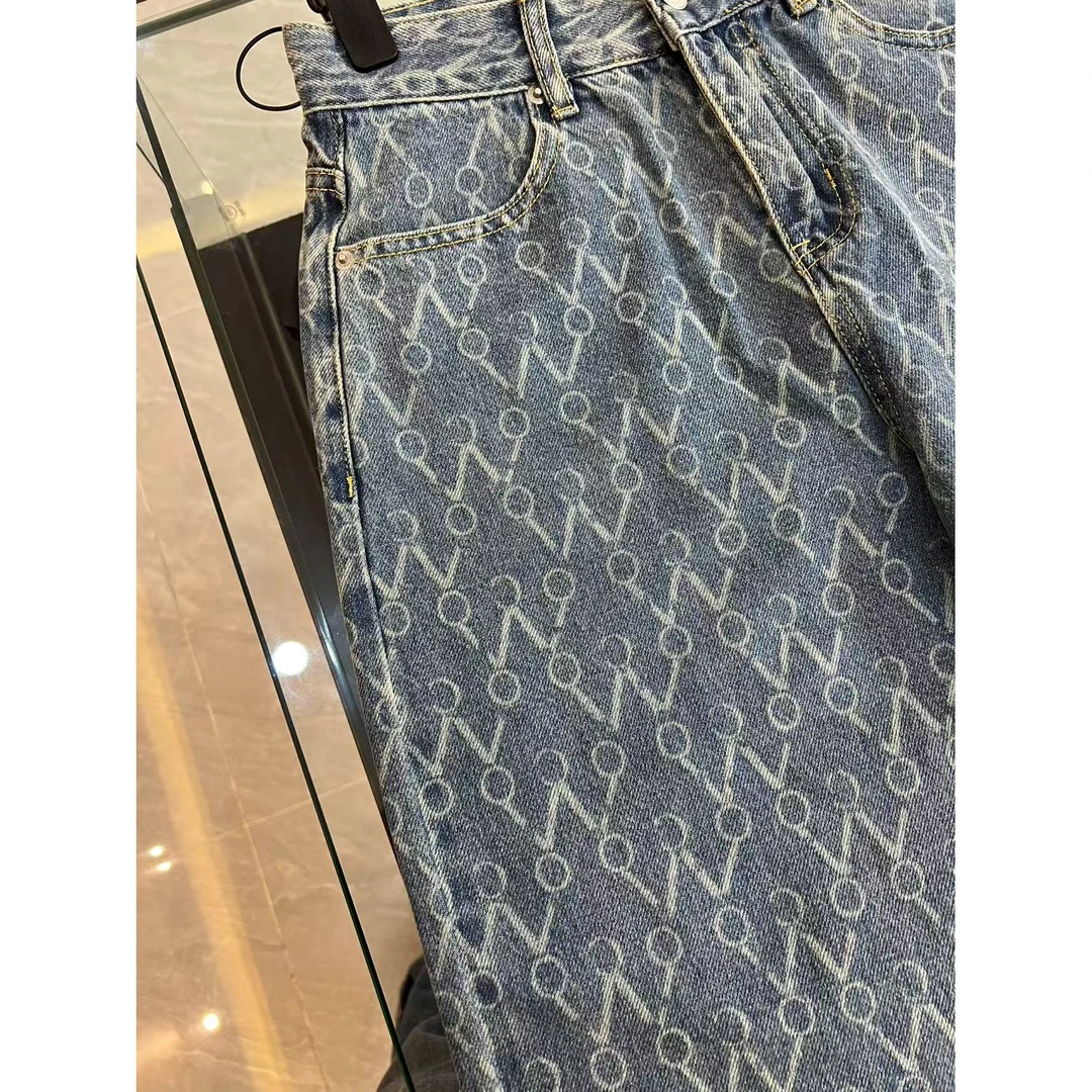 高腰宽松直筒印花牛仔裤