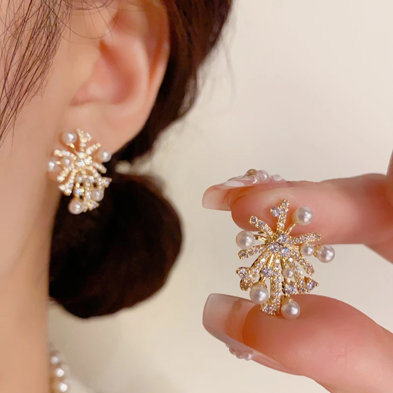 800银仿珍珠耳饰 微镶锆石烟花珍珠耳钉小众时尚设计感百搭精致