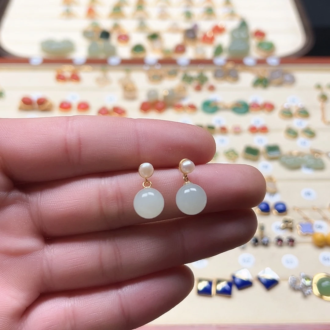 和田玉耳饰银S925镶嵌