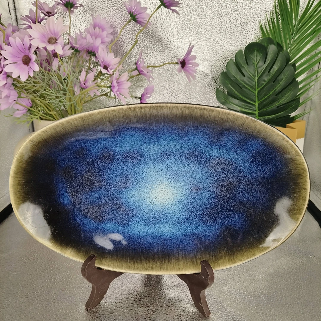 714微瑕品34厘米蓝色窑变异形大鱼盘