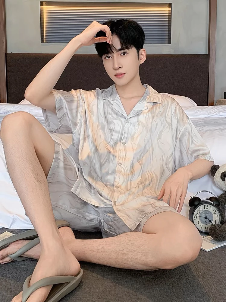 男士夏季轻弹丝短袖薄款冰丝家居服套装可外穿高级感好看睡衣夏天