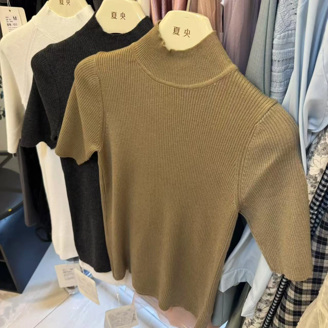 【夏央工厂店】2025夏季新款套头短袖针织衫短款上衣女#23100-1