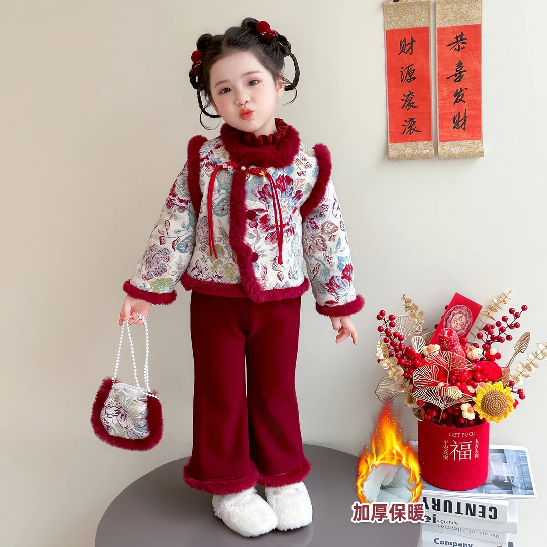 女童加厚拜年服冬季2025新款儿童新年冬装女宝宝过年红色衣服套装