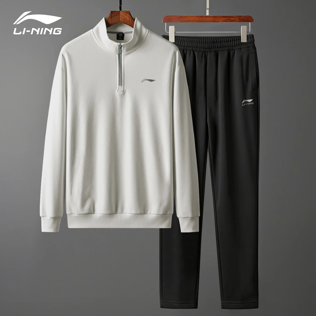 李宁男款运动套装2025新款时尚运动棉质半拉链上衣卫裤休闲两件套