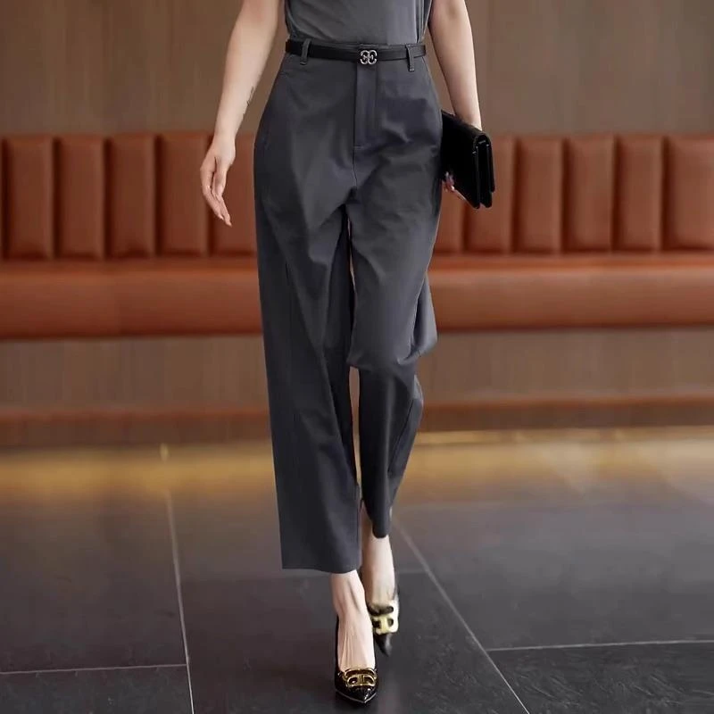 灰色西装阔腿裤女夏季新款小个子高腰垂感宽松高级感九分直筒裤子