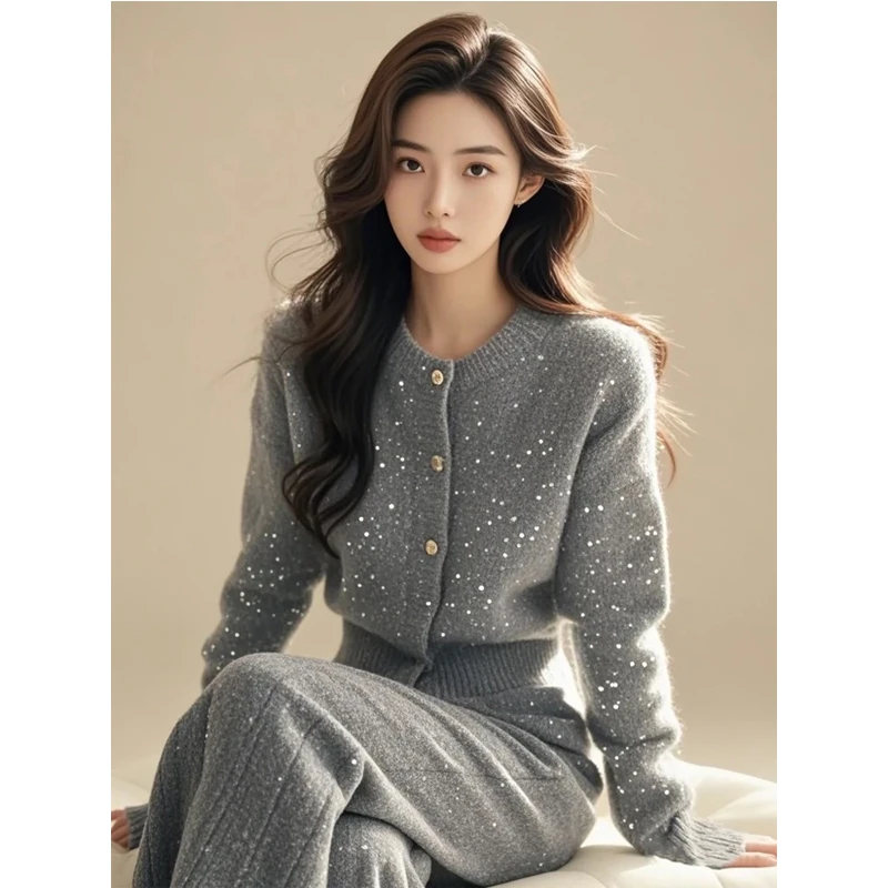 老钱风灰色细闪针织长裤子年会穿搭高级感贵气老钱风细闪马甲套装