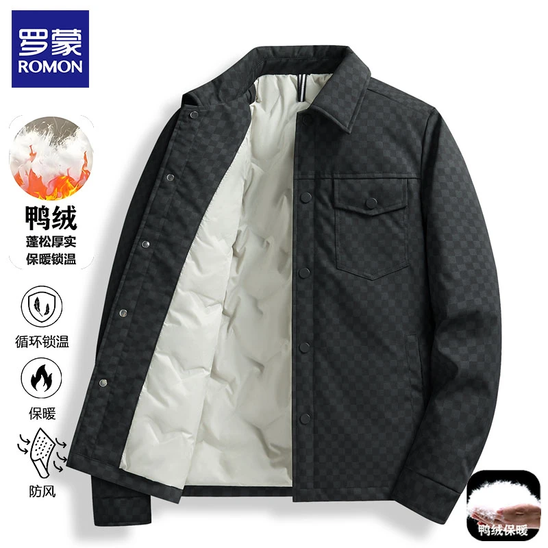Romon/罗蒙冬季上新格子羽绒服男士外套加绒保暖时尚休闲商务男装
