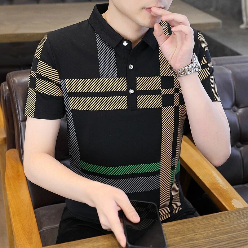高档潮流POLO衫男士翻领短袖夏季新款时尚印花T恤百搭男休闲上衣