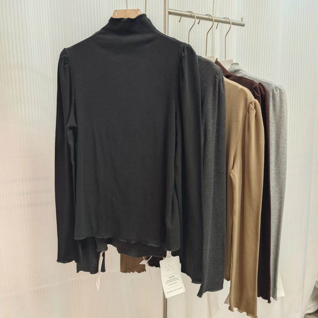 2416韩版简约纯色木耳边长袖T恤打底衫2025年春季新款显瘦内搭