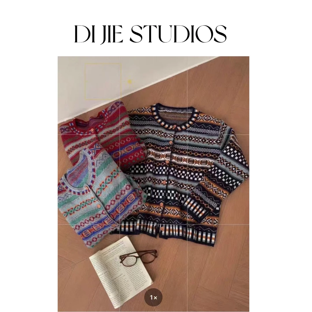 秋冬新款费尔岛提花针织开衫复古风减龄撞色高级显瘦上衣