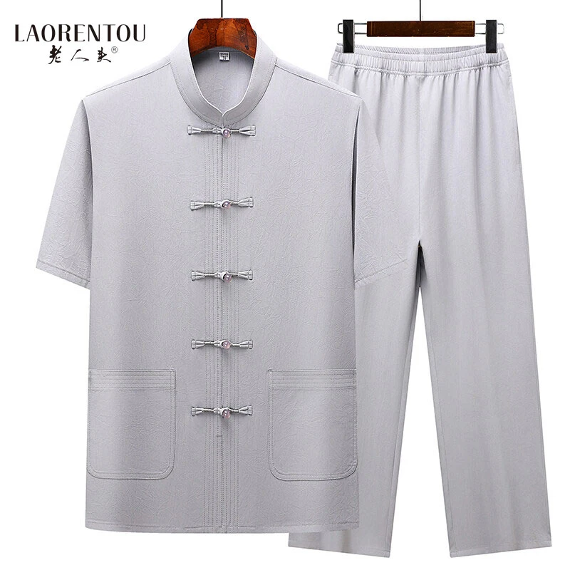 老人头夏季立领中老年套装中国风半袖薄款汉服纯色爸爸装两件套男