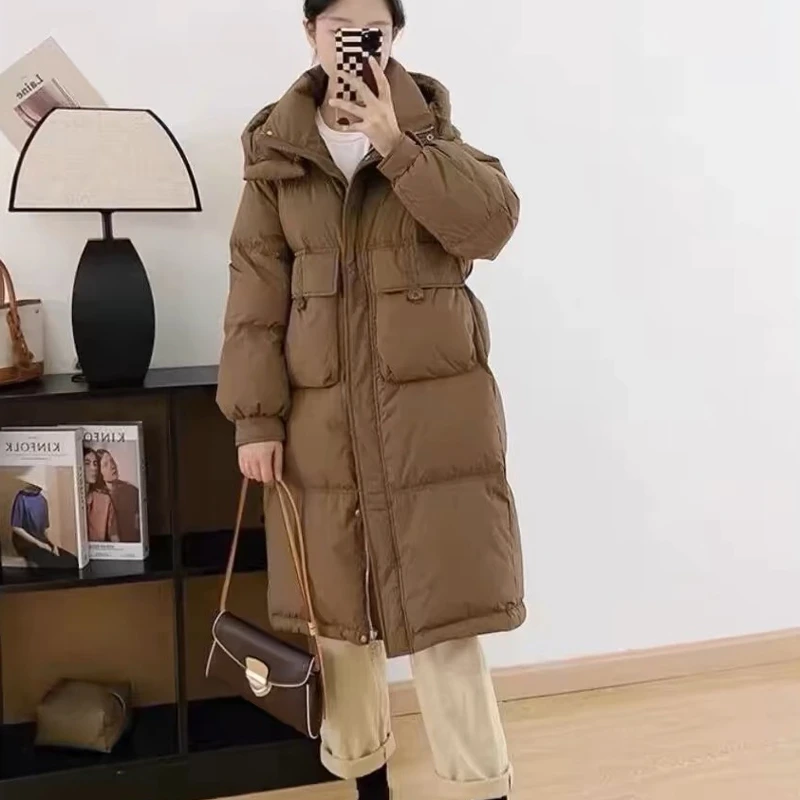 韩版加厚中长款收腰过膝设计感保暖时尚休闲百搭连帽外套 3562