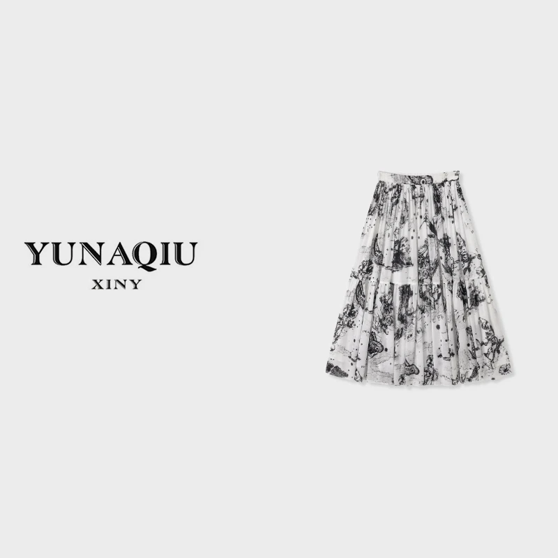 YUNAQIU- 夏季薄款星座系列茹伊印花拼接洋气休闲长款半裙-8091