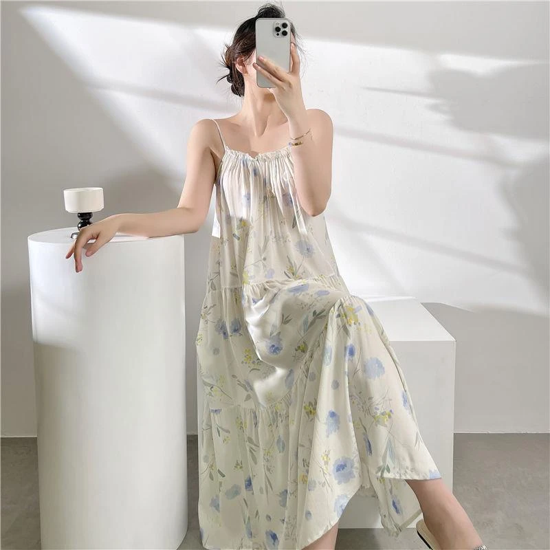 gpsunlu新款睡衣女春秋款性感吊带棉绸家居服夏季大码薄款睡裙