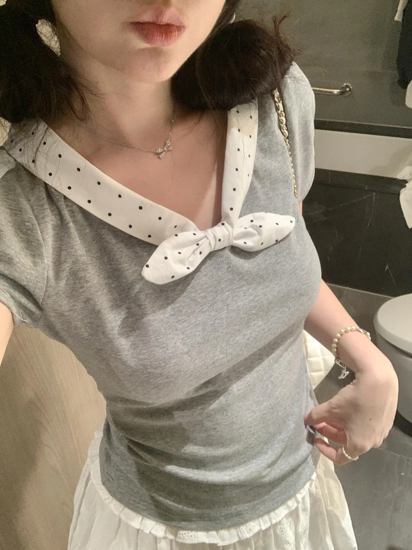 韩系波点兔耳朵正肩短袖t恤女夏季小个子修身显瘦独特漂亮小上衣