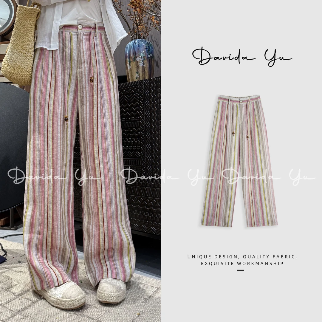 Davida Yu【粉条裤】38°C穿亚麻才敢出门 印花彩色环保亚麻裤W51051