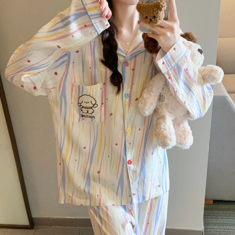 闭眼入！奶呼呼的 舒适透气云朵棉纱小狗家居服套装长袖睡衣女睡裤